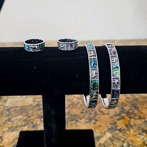 Aurora borealis inspired Silverstone and shell inlaid bracelets and rings